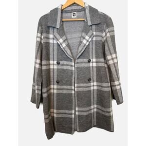 Anne Klein Gray & White Plaid Sweater Jacket Double Breasted Open Front Women M